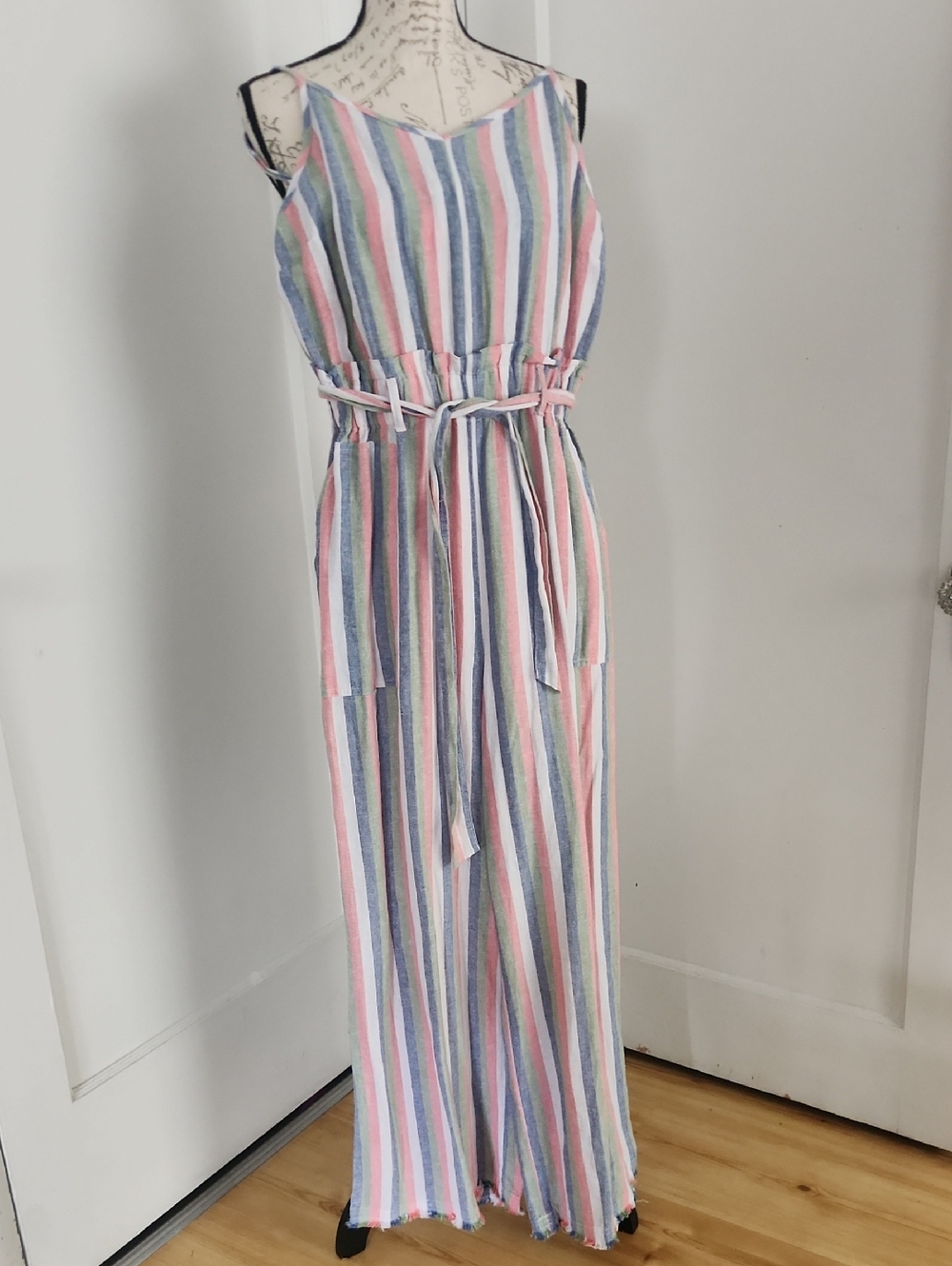 dip Striped Multicolor Sleeveless Jumpsuit - Pink, Blue & Green
